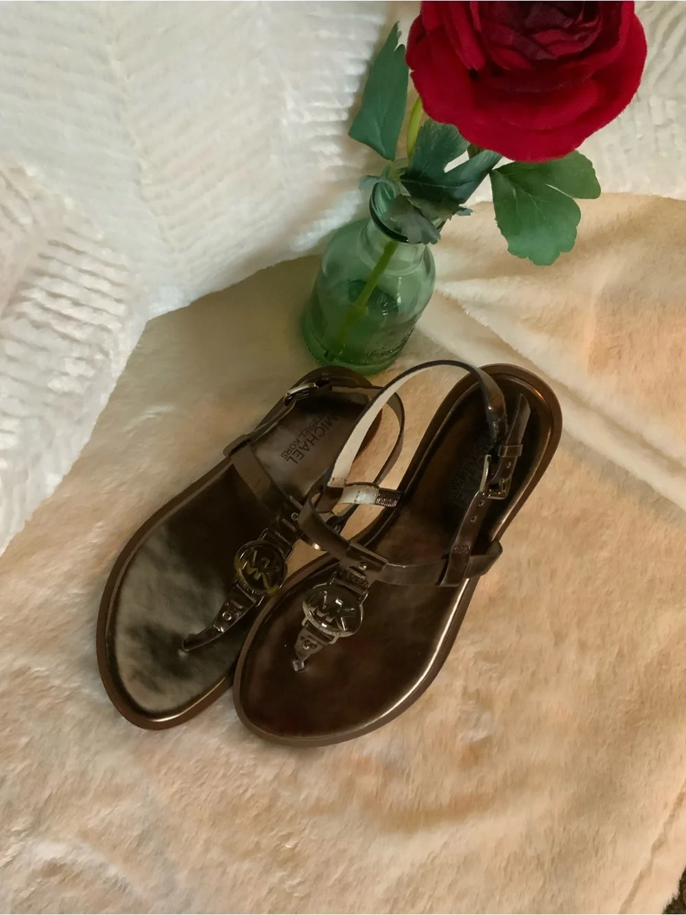 Michael Kors Metallic Brown Logo T-Strap Sandals